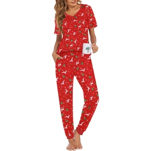 image:imageEkouaer Pajamas for Women Set 2 Piece Lounge Set Short Sleeve Pjs Joggers Long Pants Sleepwear with PocketsRed Deer Christmas
