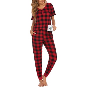 image:imageEkouaer Pajamas for Women Set 2 Piece Lounge Set Short Sleeve Pjs Joggers Long Pants Sleepwear with PocketsRed Plaid
