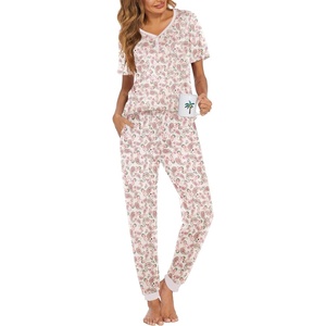 image:imageEkouaer Pajamas for Women Set 2 Piece Lounge Set Short Sleeve Pjs Joggers Long Pants Sleepwear with PocketsWhite Apricot Cashew