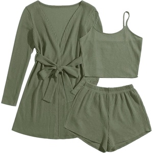 image:imageEkouaer Pajamas for Women Set 3 Piece Lounge Set Soft Pajama Sets Waffle Knit Tank Top and Shorts Cardigan with Pockets SXXLArmy Green