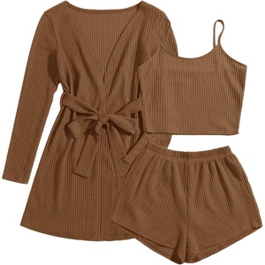 image:imageEkouaer Pajamas for Women Set 3 Piece Lounge Set Soft Pajama Sets Waffle Knit Tank Top and Shorts Cardigan with Pockets SXXLBrown