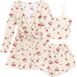 image:imageEkouaer Pajamas for Women Set 3 Piece Lounge Set Soft Pajama Sets Waffle Knit Tank Top and Shorts Cardigan with Pockets SXXLCherry Teddy Bear