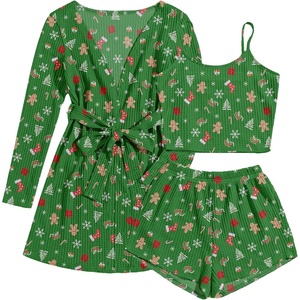 image:imageEkouaer Pajamas for Women Set 3 Piece Lounge Set Soft Pajama Sets Waffle Knit Tank Top and Shorts Cardigan with Pockets SXXLGreen Christmas Pattern