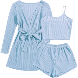 image:imageEkouaer Pajamas for Women Set 3 Piece Lounge Set Soft Pajama Sets Waffle Knit Tank Top and Shorts Cardigan with Pockets SXXLLight Blue
