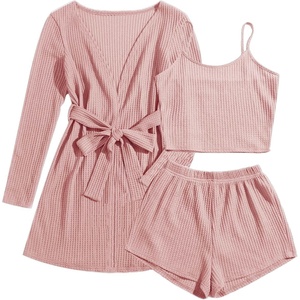 image:imageEkouaer Pajamas for Women Set 3 Piece Lounge Set Soft Pajama Sets Waffle Knit Tank Top and Shorts Cardigan with Pockets SXXLPink