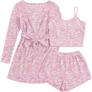 image:imageEkouaer Pajamas for Women Set 3 Piece Lounge Set Soft Pajama Sets Waffle Knit Tank Top and Shorts Cardigan with Pockets SXXLPink Tie Dye