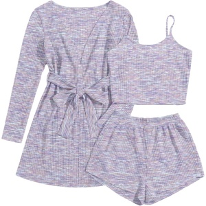 image:imageEkouaer Pajamas for Women Set 3 Piece Lounge Set Soft Pajama Sets Waffle Knit Tank Top and Shorts Cardigan with Pockets SXXLPurple Tie Dye