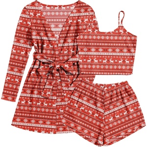 image:imageEkouaer Pajamas for Women Set 3 Piece Lounge Set Soft Pajama Sets Waffle Knit Tank Top and Shorts Cardigan with Pockets SXXLRed Christmas Pattern