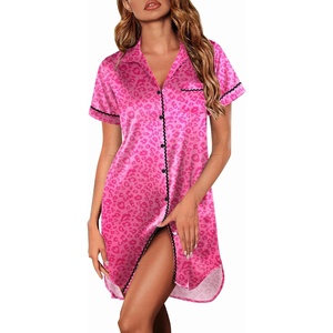 image:imageEkouaer Satin Nightgowns for Women Button Down Nightshirts Silk Sleepshirts Short Sleeve Boyfriend Sleepwear SXXXLRose Red Leopard