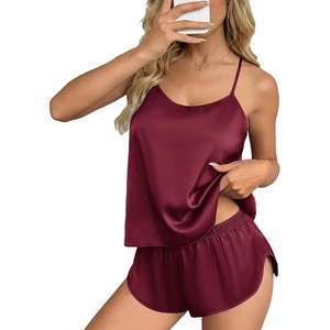 image:imageEkouaer Silk Pajamas Set for Women Satin Backless Lingerie Pjs Cami Top and Shorts NightwearNoble Dark Red
