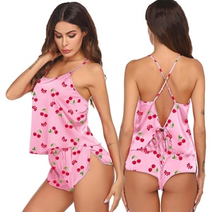 image:imageEkouaer Silk Pajamas Set for Women Satin Backless Lingerie Pjs Cami Top and Shorts NightwearPink Cherry Print