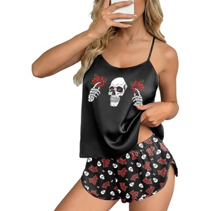 image:imageEkouaer Silk Pajamas Set for Women Satin Backless Lingerie Pjs Cami Top and Shorts NightwearPrintgothic Rose