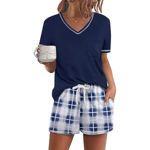 image:imageEkouaer Womens Pajamas Sets Short Sleeve Pjs Two Piece Sleepwear Casual Lounge Sets With PocketsBlue White Plaid