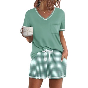 image:imageEkouaer Womens Pajamas Sets Short Sleeve Pjs Two Piece Sleepwear Casual Lounge Sets With PocketsPlaid Green White