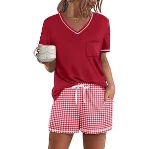image:imageEkouaer Womens Pajamas Sets Short Sleeve Pjs Two Piece Sleepwear Casual Lounge Sets With PocketsPlaid Red White
