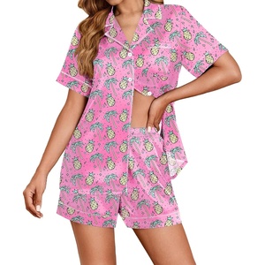 image:imageEkouaer Womens Satin Silk Pajamas Set Short Sleeve Sleepwear Button Down Top and Shorts Loungewear 2 Piece Pjs Set SXXLPineapple Coconut Tree
