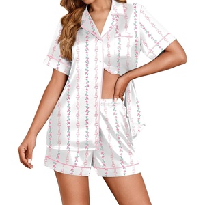 image:imageEkouaer Womens Satin Silk Pajamas Set Short Sleeve Sleepwear Button Down Top and Shorts Loungewear 2 Piece Pjs Set SXXLPink Bowknots and Flowers