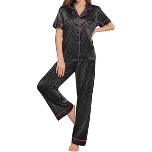 image:imageEkouaer Womens Silk Pajama Sets Silky Short Sleeve Pjs 2 Piece Silk Button Down Pajamas Soft Satin Pj Pants SetBlack Leopard