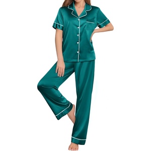 image:imageEkouaer Womens Silk Pajama Sets Silky Short Sleeve Pjs 2 Piece Silk Button Down Pajamas Soft Satin Pj Pants SetBlue Green