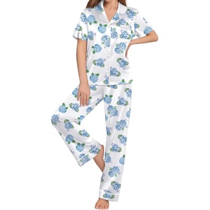 image:imageEkouaer Womens Silk Pajama Sets Silky Short Sleeve Pjs 2 Piece Silk Button Down Pajamas Soft Satin Pj Pants SetBlue Hydrangea