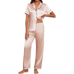 image:imageEkouaer Womens Silk Pajama Sets Silky Short Sleeve Pjs 2 Piece Silk Button Down Pajamas Soft Satin Pj Pants SetChampagne