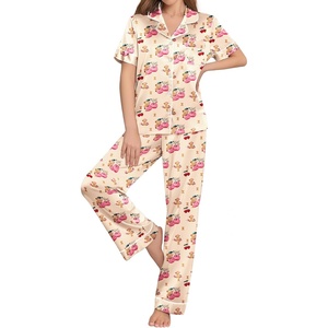 image:imageEkouaer Womens Silk Pajama Sets Silky Short Sleeve Pjs 2 Piece Silk Button Down Pajamas Soft Satin Pj Pants SetCherry Teddy