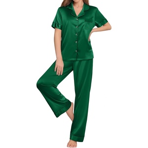 image:imageEkouaer Womens Silk Pajama Sets Silky Short Sleeve Pjs 2 Piece Silk Button Down Pajamas Soft Satin Pj Pants SetDark Green