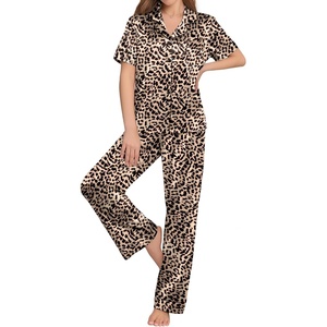 image:imageEkouaer Womens Silk Pajama Sets Silky Short Sleeve Pjs 2 Piece Silk Button Down Pajamas Soft Satin Pj Pants SetLeopard