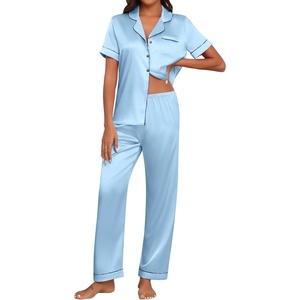 image:imageEkouaer Womens Silk Pajama Sets Silky Short Sleeve Pjs 2 Piece Silk Button Down Pajamas Soft Satin Pj Pants SetLight Blue