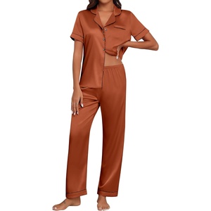 image:imageEkouaer Womens Silk Pajama Sets Silky Short Sleeve Pjs 2 Piece Silk Button Down Pajamas Soft Satin Pj Pants SetLight Brown