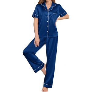 image:imageEkouaer Womens Silk Pajama Sets Silky Short Sleeve Pjs 2 Piece Silk Button Down Pajamas Soft Satin Pj Pants SetNavy Blue