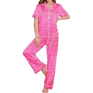 image:imageEkouaer Womens Silk Pajama Sets Silky Short Sleeve Pjs 2 Piece Silk Button Down Pajamas Soft Satin Pj Pants SetRose Leopard