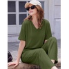 image:imageEkouaer 2 Packs Lounge Sets for Women Short Sleeve Pajamas Set V Neck Top and Long Pants Comfy Pjs Outifts with PocketsBlackGreen