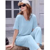 image:imageEkouaer 2 Packs Lounge Sets for Women Short Sleeve Pajamas Set V Neck Top and Long Pants Comfy Pjs Outifts with PocketsChampagneBlue