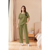 image:imageEkouaer 2 Piece Summer Waffle Knit Lounge Sets For Women Short Sleeve Top and Long Pant Pajama Set Loungewear Pjs Set04 Military Green