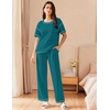 image:imageEkouaer 2 Piece Summer Waffle Knit Lounge Sets For Women Short Sleeve Top and Long Pant Pajama Set Loungewear Pjs SetBlue Green