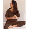 image:imageEkouaer 2 Piece Summer Waffle Knit Lounge Sets For Women Short Sleeve Top and Long Pant Pajama Set Loungewear Pjs SetDark Brown