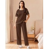 image:imageEkouaer 2 Piece Summer Waffle Knit Lounge Sets For Women Short Sleeve Top and Long Pant Pajama Set Loungewear Pjs SetDark Brown