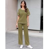 image:imageEkouaer 2 Piece Summer Waffle Knit Lounge Sets For Women Short Sleeve Top and Long Pant Pajama Set Loungewear Pjs SetGreen