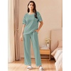 image:imageEkouaer 2 Piece Summer Waffle Knit Lounge Sets For Women Short Sleeve Top and Long Pant Pajama Set Loungewear Pjs SetLight Green
