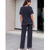 image:imageEkouaer 2 Piece Summer Waffle Knit Lounge Sets For Women Short Sleeve Top and Long Pant Pajama Set Loungewear Pjs SetNavy Blue