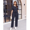 image:imageEkouaer 2 Piece Summer Waffle Knit Lounge Sets For Women Short Sleeve Top and Long Pant Pajama Set Loungewear Pjs SetNavy Blue