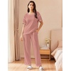 image:imageEkouaer 2 Piece Summer Waffle Knit Lounge Sets For Women Short Sleeve Top and Long Pant Pajama Set Loungewear Pjs SetPink