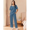 image:imageEkouaer 2 Piece Summer Waffle Knit Lounge Sets For Women Short Sleeve Top and Long Pant Pajama Set Loungewear Pjs SetSky Blue