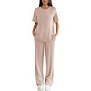 image:imageEkouaer Lounge Sets for Women 2 Piece Matching Travel Outfits 2026 Loose Short Sleeve Top Wide Leg Pants PocketsLight Khaki