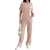 image:imageEkouaer Lounge Sets for Women 2 Piece Matching Travel Outfits 2026 Loose Short Sleeve Top Wide Leg Pants PocketsLight Khaki