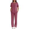image:imageEkouaer Lounge Sets for Women 2 Piece Matching Travel Outfits 2026 Loose Short Sleeve Top Wide Leg Pants PocketsRose Red