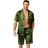 image:imageEkouaer Mens Pajamas Set Silk Satin Sleepwear Short Sleeve Button Down Pjs Set 2 Piece Loungewear with Pockets SXXLDark Army Green