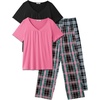 image:imageEkouaer Pajama Sets for Women 2 Pack Short Sleeve with Long Pant Pjs Sleepwear Comfy Lounge Sets with PocketsBlack PlaidRose Pliad