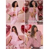 image:imageEkouaer Pajamas for Women Set Button Up Sleepwear Cute Pjs Ruffle Sleeve Notch Collar Loungewear with Long Pants SXXLPink Striped Love